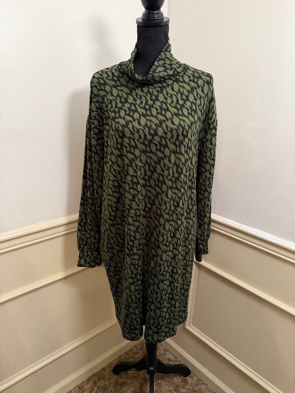 Garnet Hill Zen Comfort Knit Mock Neck Dress Green Black Animal Print Lyocell